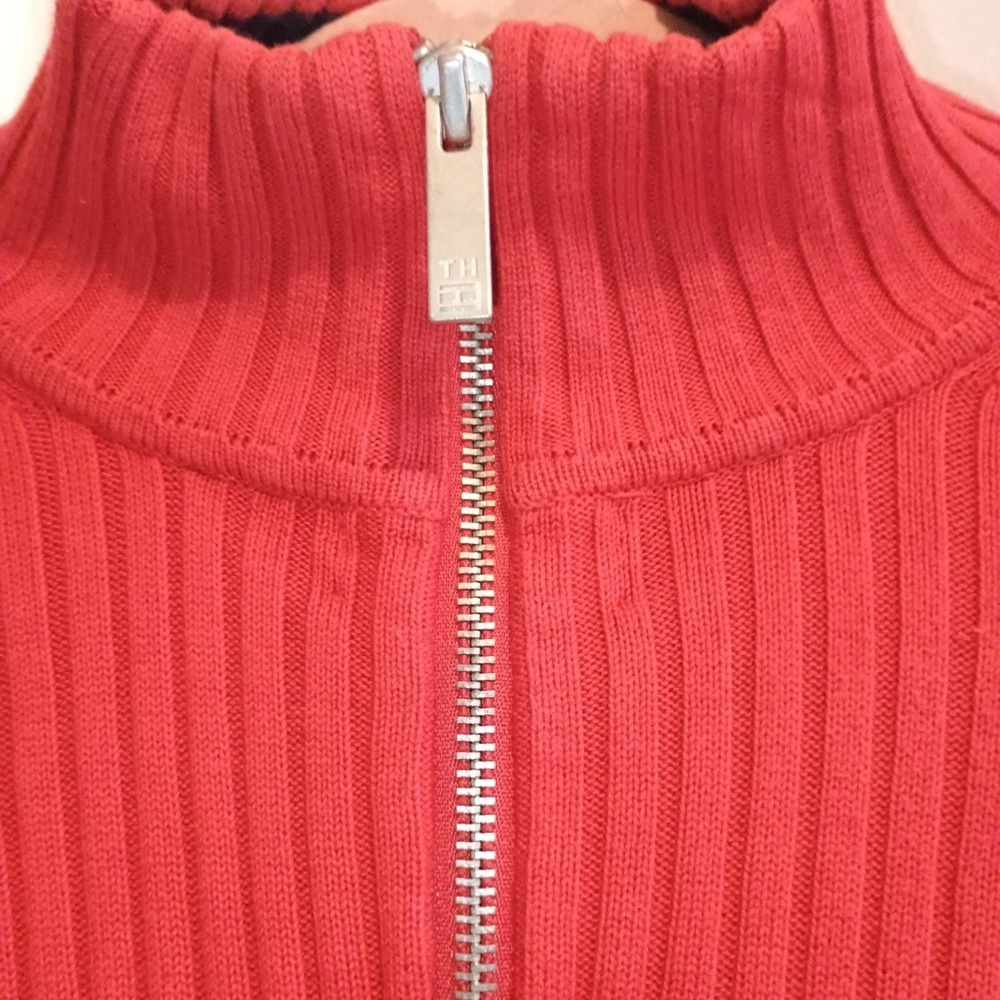 Tommy Hilfiger Spell Out Red Ribbed Knit Quarter Zip Sweater Women's XL - Picture 8 of 8